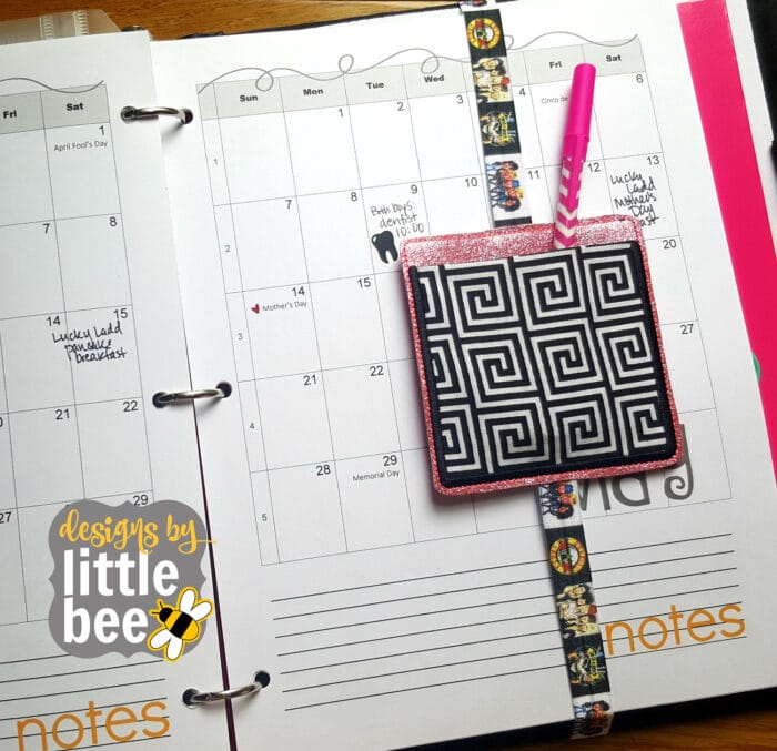 Square Applique Pocket SEWN IN Book, Planner Band, Bookmark 03 31 2017