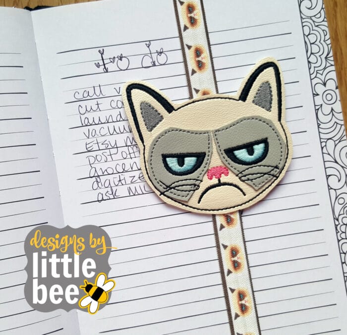 Grouchy Cat Animal SEWN IN Book, Planner Band, Bookmark 02 10 2017