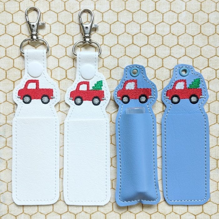 Red Vintage Truck 'n Tree Lip Balm Holder - Snap Tab & Eyelet Key Fob SET