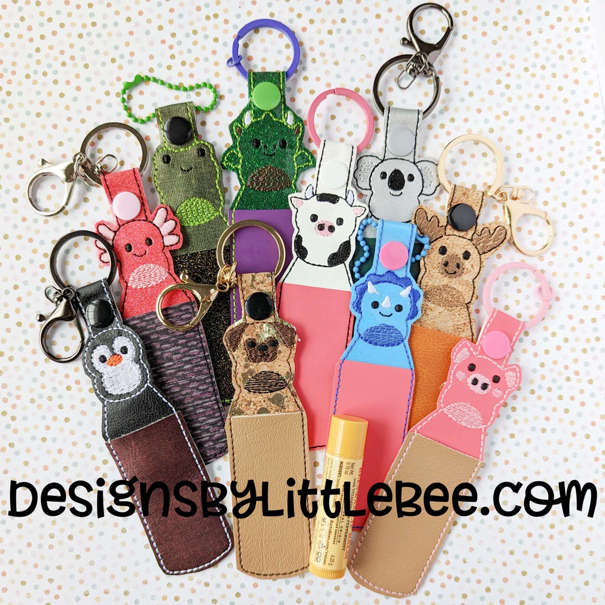 Pudgy Animals Lip Balm Holder Snap Tab Eyelet Key Fob Set