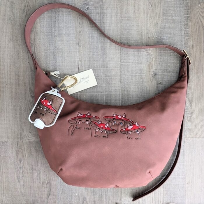 Brown Faux Leather Slouchy Sling Handbag with Mushroom Kitties Embroidery
