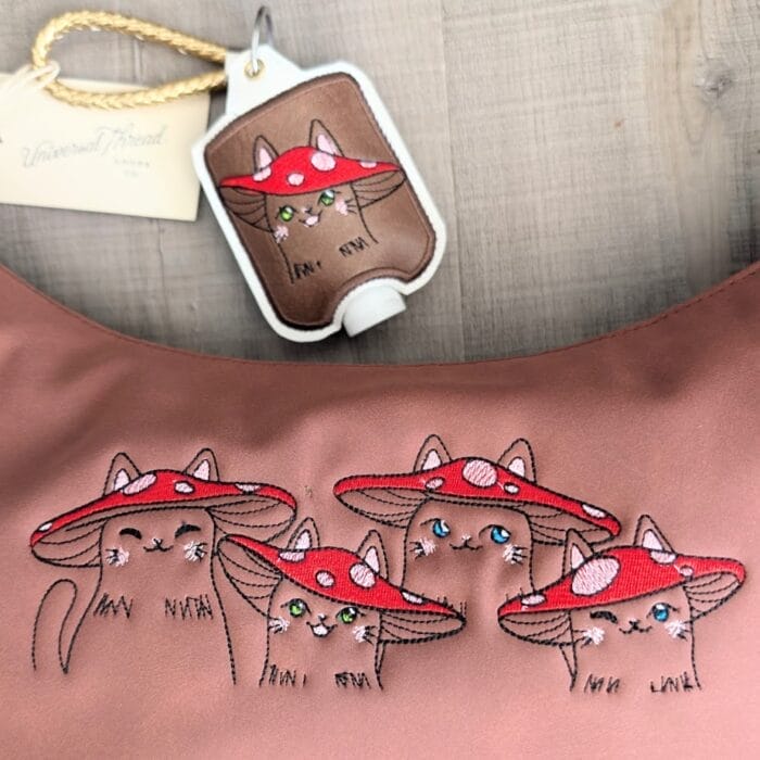 Brown Faux Leather Slouchy Sling Handbag with Mushroom Kitties Embroidery - Image 2